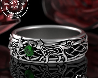 Emerald & Silver Celtic Cat Wedding Ring, Sterling Feline Ring, Irish Tom Cat Ring, Scottish Men's Marriage Ring, Eternal Vow Ring, 3257