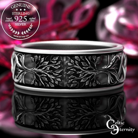 Sterling Groom's Tree of Life Wedding Ring, Silver Norse Yggdrasil