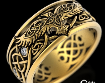 Mens Gold Raven Wedding Band, 10K Moissanite Mens Wedding Ring, 10K Gold Raven Ring, Viking Wedding Band, 10K Celtic Raven Jewelry, 9728