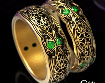 Emerald Celtic Ring Set, Gold Matching Irish Wedding Bands, Matching Celtic Gold Rings, His Hers Celtic Rings, Platinum Emeralds, 1468 1804