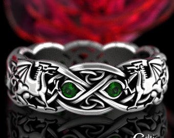 Emerald Dragon Ring, Sterling Double Dragon Ring with Emeralds, Sterling Dragon Ring, Celtic Dragon Wedding Ring, Two Dragons Ring, 3016