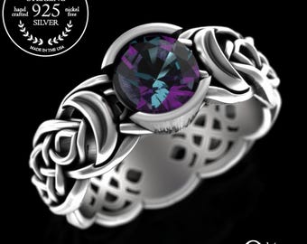 Alexandrite Moon Ring, Sterling Silver Crescent Moon Ring, Celtic Moon Wedding Band, Magic Moon Witch Ring, Moon Goddess Jewelry, 4493