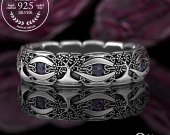 Sterling Alexandrite Yggdrasil Ring, Alexandrite Tree of Life Ring, Silver Irish Tree Wedding Band, 925 Womens Botanical Nature Ring, 3191