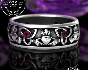 Ruby Claddagh Crown Ring, Sterling Silver Mens Claddagh Ring, Ruby Claddagh Wedding Band, Irish Heart Ring, Ruby Crown Wedding Ring, 3079