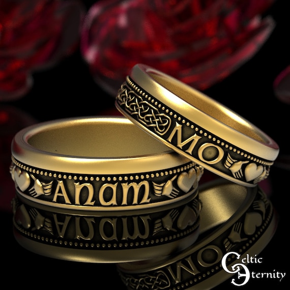 Gold Irish Soulmate Rings, Modern Claddagh Ring Set, His Hers Gold Wedding Bands, Mo Anam Cara Rings, Platinum Claddagh Wedding Rings, 1542
