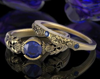 14K Gold & Sapphire Elegant Thistle Engagement Stacking Set, Rose Gold Welsh Wedding Ring Set for Bride, Platinum Thistle Bloom, 1774 1775