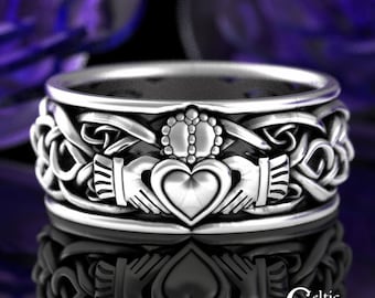Mens Sterling Silver Claddagh Ring, Modern Claddagh Wedding Ring, Celtic Trinity Knot Silver Heart Ring, Irish Love Ring, Claddagh, 1687