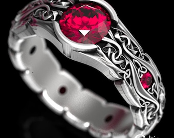 Ruby + Sterling Silver Engagement Ring, Mushroom Engagement Ring, Silver Mushroom Ring, Celtic Wedding Ring, Ruby Engagement Ring, 1536