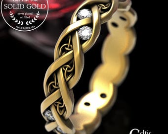 Gold & Moissanite Celtic Wedding Band,  10K 14K 18K Platinum Infinity Weave Ring, Modern Handfasting Ring, Irish Braid Anniversary Ring 1418