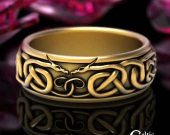 Gold Celtic Dragon Wedding Ring, Basilisk Ring, Viking Wedding Ring, Mens Dragon Ring, 14K Gold Dragon Ring, 10K Dragon Ring, 1880