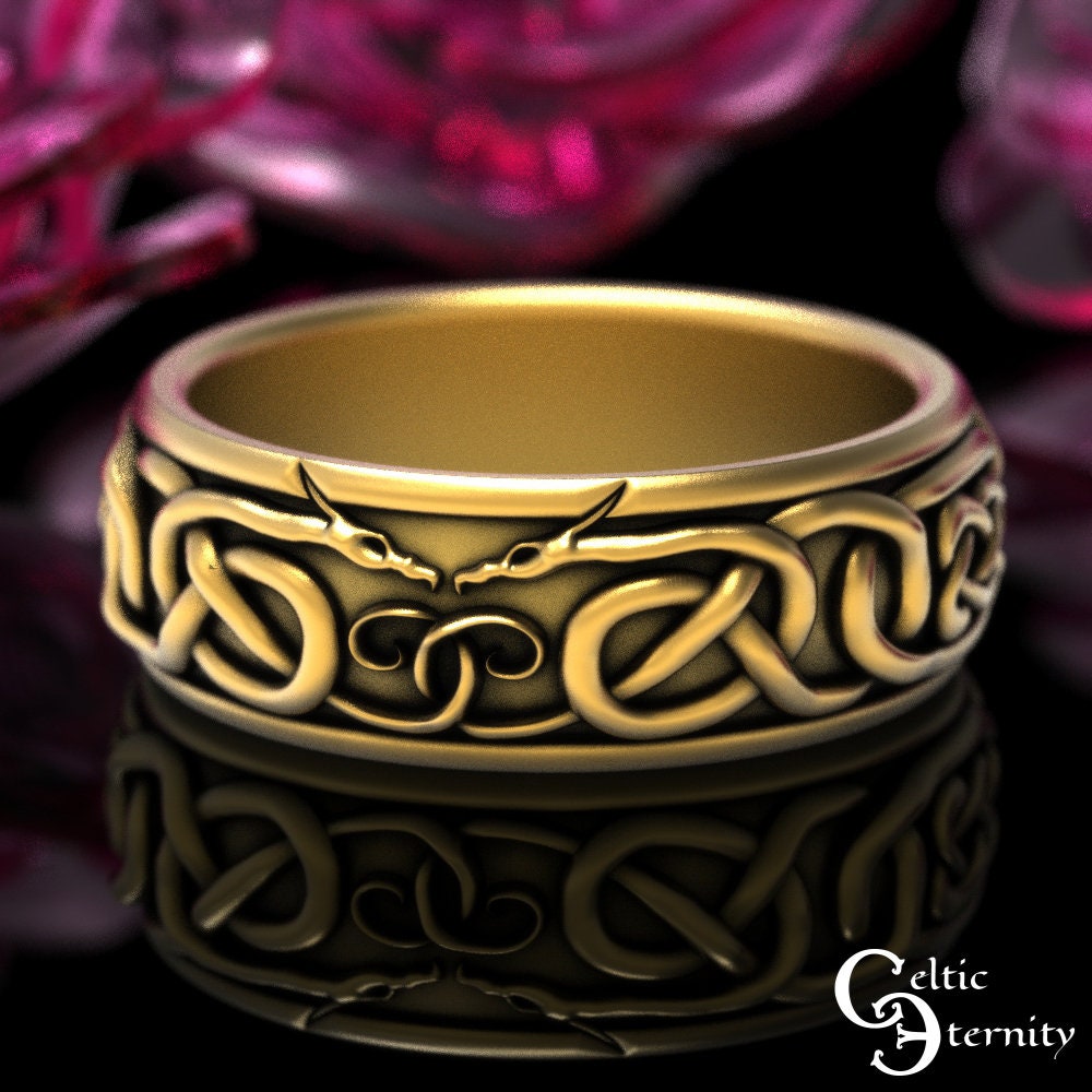 Gold Celtic Dragon Wedding Ring, Basilisk Ring, Viking Wedding Ring