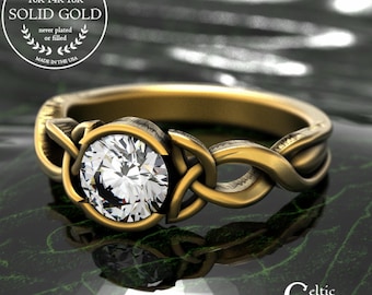 10K Elegant Celtic Moissanite Engagement Ring, 14K Gold Round Solitaire Ring, Simple Bridal Ring, 18K White Gold Trinity Knot Wedding, 1997