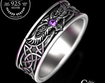 Sterling Silver Raven Ring, Amethyst Silver Ring, Mens Celtic Ring, Bird Wedding Band, Celtic Raven Ring, Mens Wedding Ring, 1164