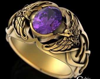 Gold Viking Owl Ring, 10K Amethyst Signet Statement Ring, 14K Men Celtic Owl Wedding Ring, Amethyst Owl Ring, Gold Men Engagement Ring, 3057