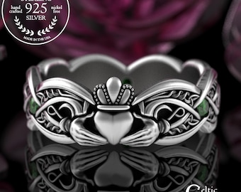 Infinity Bride's Claddagh Ring, Sterling Heart Hands Crown Wedding Ring, Silver Women's Traditional Irish Ring, Pagan Handfasting Ring, 3239