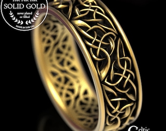 Gold Celtic Wedding Band, Mens Celtic Heart Wedding Ring, Gold Knotwork Ring, Irish Wedding Band, Unique Wedding Ring, Modern Mans Ring 66