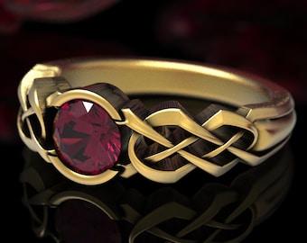 Gold Celtic Garnet Ring, Garnet Engagement Ring, Gold Celtic Engagement Ring, Gold Celtic Ring, Garnet Wedding Ring, Infinity Ring, 414