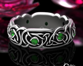 Emerald Celtic Ring, Womens Sterling Celtic Wedding Band, Emerald Wedding Ring, Emerald Irish Wedding Ring, Womens Silver Irish Ring, 1916