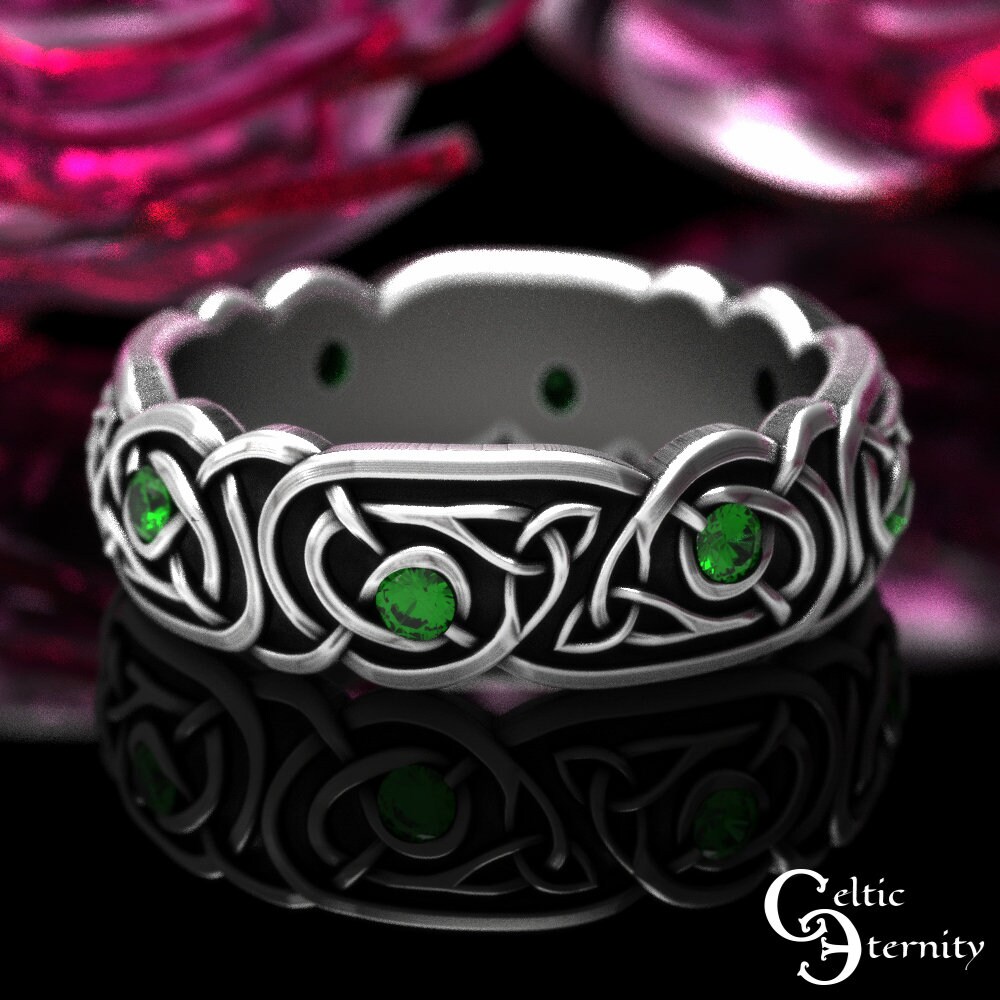 Emerald Celtic Ring, Womens Sterling Celtic Wedding Band, Emerald