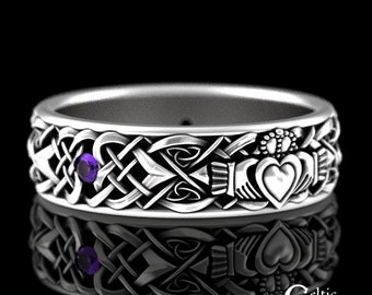 Amethyst & Sterling Claddagh Ring, Irish Heart Wedding Ring, Irish Amethyst Wedding Band, Heart Knotwork Celtic Ring, Celtic Amethyst, 9891