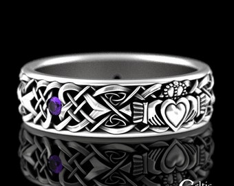 Amethyst & Sterling Claddagh Ring, Silver Irish Heart Wedding Ring, Irish Sapphire Wedding Band, 925 Ruby Heart Knotwork Celtic Ring, 9891