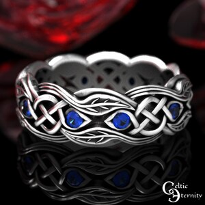 Sapphire Woven Leaf Ring, Sterling Irish Nature Wedding Band, Silver Celtic Leaves Jewelry, Scottish Nature Theme Wedding Ring, 1963