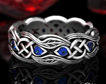 Sapphire Woven Leaf Ring, Sterling Irish Nature Wedding Band, Silver Celtic Leaves Jewelry, Scottish Nature Theme Wedding Ring, 1963