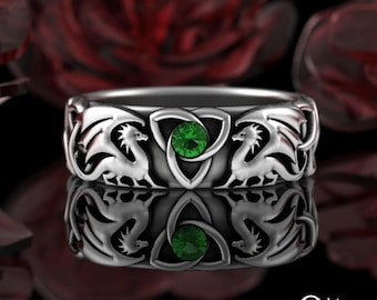 Ladies Emerald Dragon Ring, Sterling Celtic Wyvern Wedding Band, Sterling Draco Wedding Ring, Emerald Irish Dragon Ring, D&D Ring, 3186