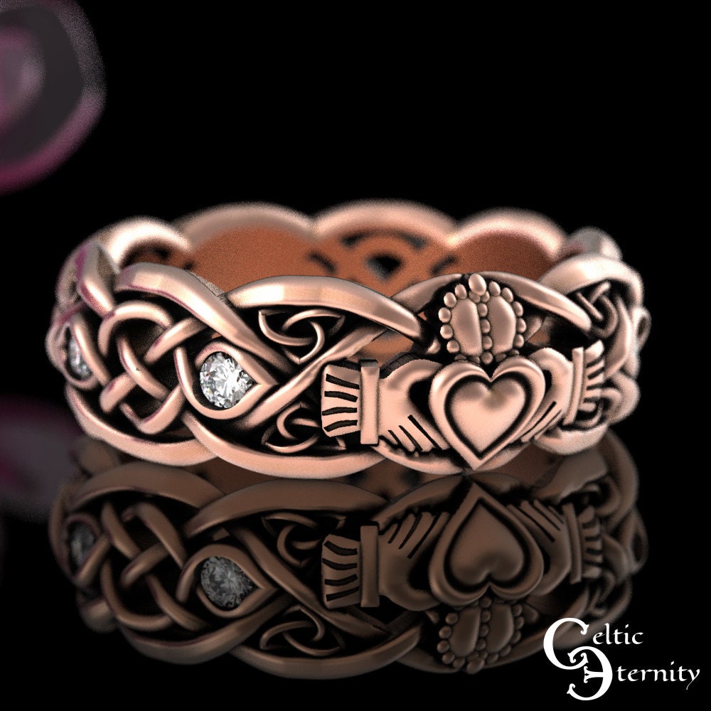 TwoBirch Wedding Ring - 0.07 Carat Sapphire and Diamond Celtic Claddagh  Wedding Ring with Pave Heart in Rose Gold