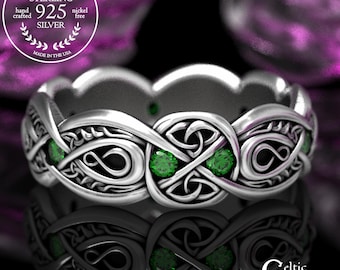 Sterling Silver & Emerald Trinity Band, Celtic Infinity Knotwork Wedding Ring, Elegant Irish Handfasting Gemstone Ring, 1411