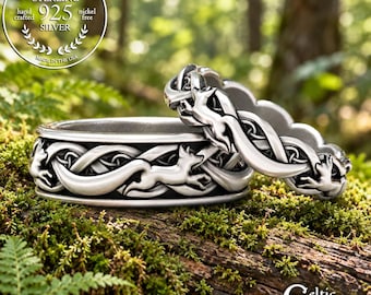 Matching Sterling Fox Wedding Set, Celtic Fox Ring Set, Silver Celtic Wedding Rings, Sterling Celtic Fox Rings, Irish Fox Rings, 1872 1871
