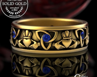 Sapphire Scottish Claddagh Ring, 10K 14K 18K Gold Hand Crown Ring, Gold Irish Sapphire Wedding Band, 10K Celtic Claddagh Wedding Ring, 3079