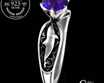 Silver Amethyst Dolphin Engagement Ring, Sterling Celtic Dolphin Wedding Ring, Sea Theme Wedding Ring, Ocean Ring, Irish Engagement, 3064