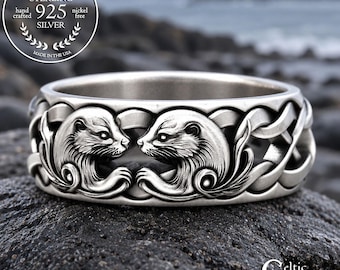 Men's Sterling Celtic Otter Wedding Band, Silver River Otters Jewelry, Sea Creature Ring, 2177