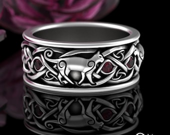 Sterling Silver Ruby Celtic Cat Ring, Cat Wedding Ring, Mens Cat Wedding Band, Ruby Irish Knotwork Ring, Ruby Kitty Ring, Feline Ring, 3099