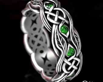 Emerald Nature Wedding Ring, Sterling Celtic Leaves Band, Knotwork Ireland Wedding Band, Womens Botanical Style Ring, Woven Leaf Ring, 1963
