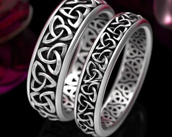 Celtic Wedding Ring Set, His & Hers Matching Rings, Sterling Silver Wedding Set, Trinity Knot Wedding Rings, Matching Celtic Rings 200 + 201