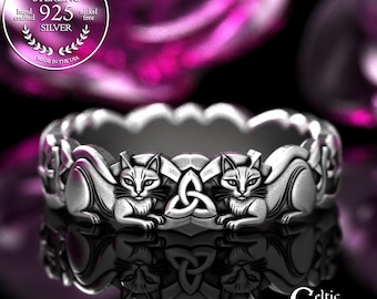 Sterling Cat Ring, Woman's Kitty Ring, Silver Celtic Cat Wedding Band, Feline Pet Remembrance Ring, Black Cat Spirit Animal Jewelry, 2154