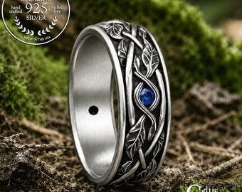 Sapphire Knotted Twigs Wedding Band, Man Sterling Silver Botanical Ring, Forest Anniversary, Celtic Life Partner Ring, Marriage Pledge, 2053
