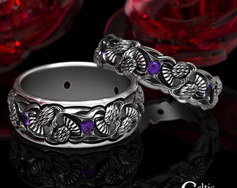 Matching Thistle Wedding Ring Set, Sterling Amethyst Thistle Ring Set, Silver Matching Scottish Wedding Set, Scottish Thistle Rings, 1473/72