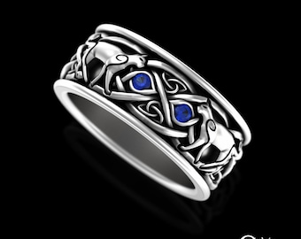 Sapphire Cat Wedding Ring, Mens Cat Wedding Band, Sterling Silver Celtic Cat Lover Ring, Scottish Knotwork Ring, Kitty Feline Ring, 3099
