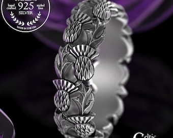 Sterling Silver Royal Thistle Ring, Scottish Thorned Blossom Wedding Band, Guardian Flower Marriage Ring, Irish Sacred Union Ring, 1785