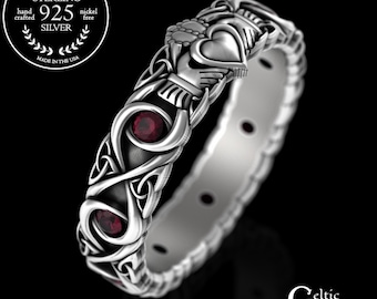 Ruby Infinity Claddagh in Sterling, Silver Scottish Bride Wedding Ring, Classic Celtic Heart Crown Ring, Ruby Irish Handfasting Ring, 3219