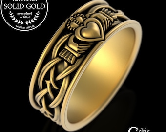 Solid Gold Handfasting Ring, 10K Celtic Crown Heart Wedding Band, 14K Irish Groom Ring, Platinum Traditional Claddagh Ring, 3223