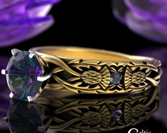 Gold Royal Thistle Alexandrite Ring, 10K Alexandrite Gaurdian Flower Engagement Ring, 14K Scottish Thistle and Gemstone Solitaire Ring, 3062