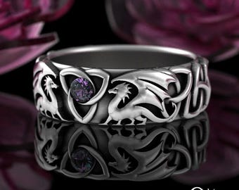 Bridal Alexandrite Dragon Ring, Celtic Wyvern Wedding Band, Sterling Women Draco Ring, Lady Irish Dragon Ring, Silver Fantasy D&D Ring, 3186