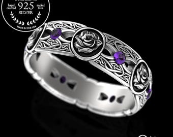 Amethyst Rose Flower Ring, Sterling Silver Botanical Irish Wedding Ring, Purple Rose Celtic Ring, Womens Flower Heart Wedding Band, 3046