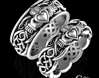 Platinum Claddagh Ring Set, Modern Claddagh Wedding Rings, Platinum Matching Wedding Bands, His Hers Platinum Irish Ring Set, 1683 1687