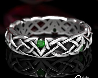 Emerald Celtic Ring, Narrow Wedding Ring, Sterling Wedding Ring, Unique Wedding Band, Beautiful Wedding Ring, Classic Wedding Ring, 1505