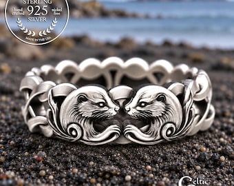 Sterling Woman's Otters Wedding Ring, Silver River Otter Ring, Water Spirit Animal Jewelry, 2176